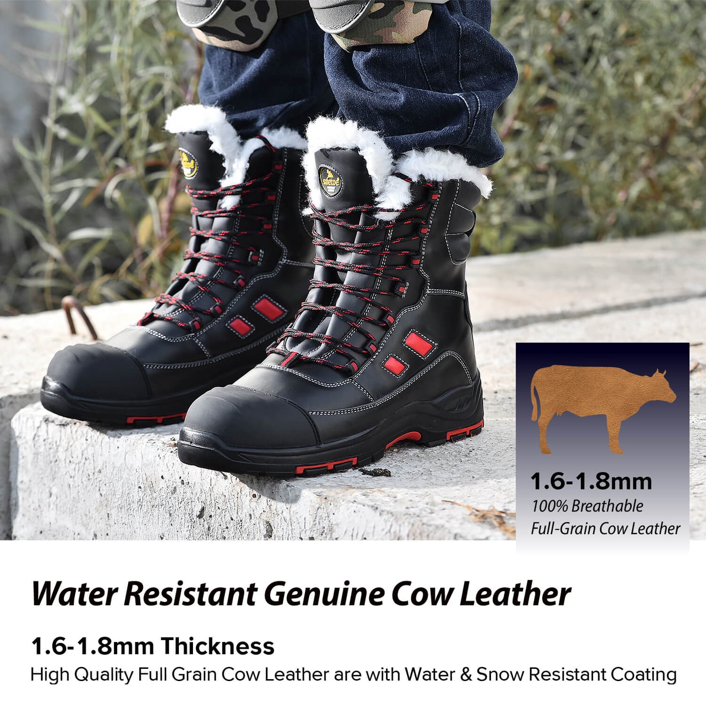 Safetoe 8" Winter Work Boots with Genuine Lamb Wool Fur Lining