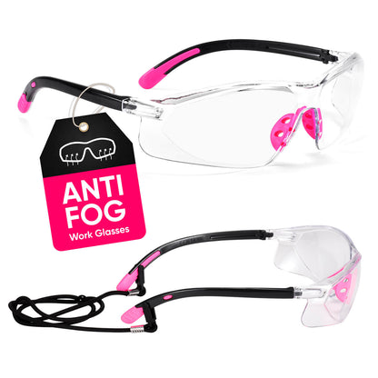 SAFEYEAR Women Safety Glasses Anti Fog Lens,HD Clear Scratch Resistant Work Glasses with Adjustable Straps for Lady, No-Slip Grips,VU Protection for DIY, Lab, Welding, Grinding,Chemistry(Pink)