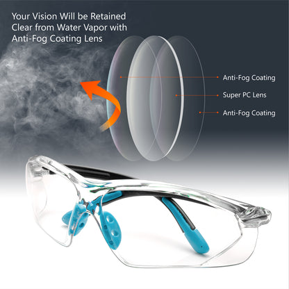 SAFEYEAR Anti Fog Safety Glasses- SG003BU HD Anti Scratch Work Glasses for Women and Men No-Slip Grips, VU Protection Adjustable Safety Eyewear for DIY, Chemistry Lab, Welding, Grinding,Gardening
