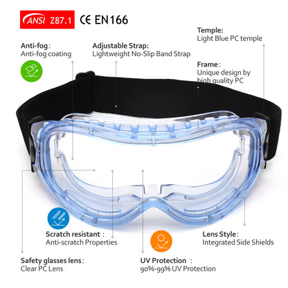 SAFEYEAR Anti Fog Safety Goggles Blue【ANSI Z87 Approved】 HD Scratch Resistant Safety Glasses for Men and Women, VU Protection Over Glasses Work Goggles