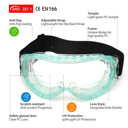 SAFEYEAR Anti Fog Safety Goggles Green【ANSI Z87 Approved】 HD Scratch Resistant Safety Glasses for Men and Women, VU Protection Over Glasses Work Goggles