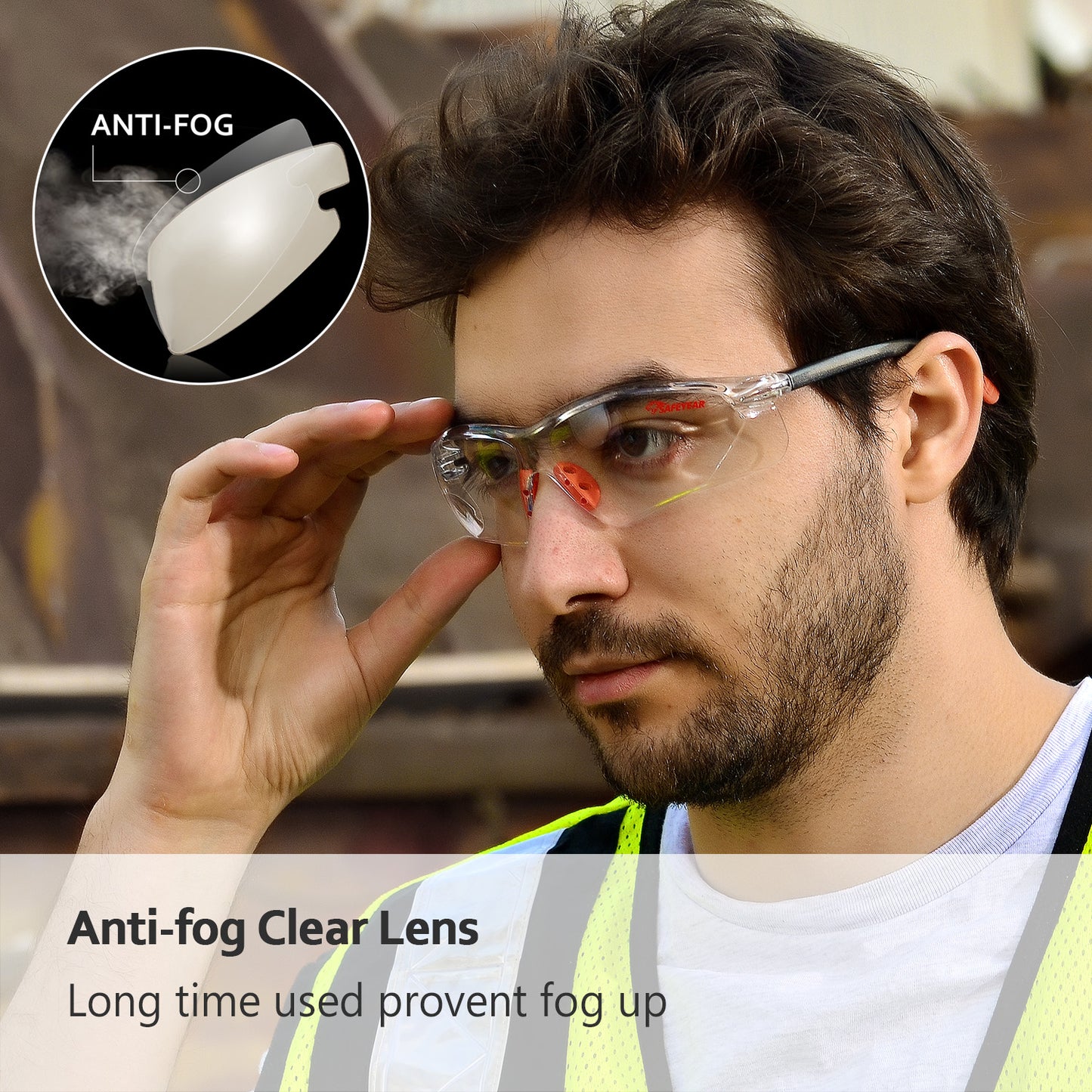 SAFEYEAR Anti Scratch Safety Glasses- SG003 HD Anti Fog Work Glasses for Women and Men Adults No-Slip Grips, VU Protection Safety Goggles for DIY, Chemistry Lab, Welding, Grinding,Garden