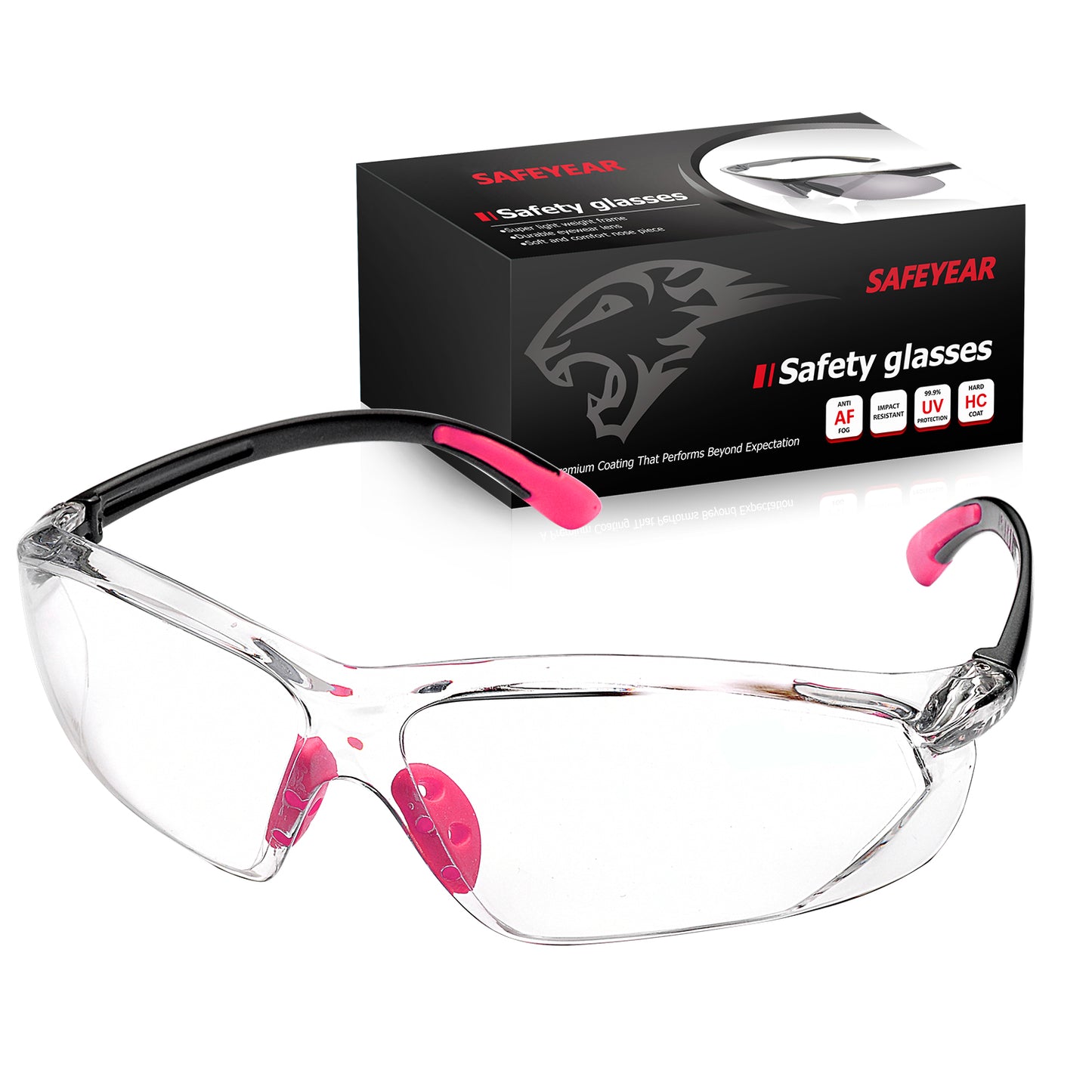 SAFEYEAR Women Safety Glasses Anti Fog Lens,HD Clear Scratch Resistant Work Glasses with Adjustable Straps for Lady, No-Slip Grips,VU Protection for DIY, Lab, Welding, Grinding,Chemistry(Pink)